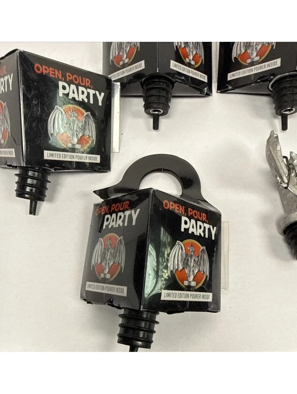 Lot Of 8 BRAND NEW 2012 Pewter BACARDI Rum Metal BAT POURER Liquor Spout Beware